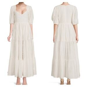 Mille Resort Maja Tiered A-Line Puff Sleeve White Eyelet Midi Dress Womens Sz S‎
